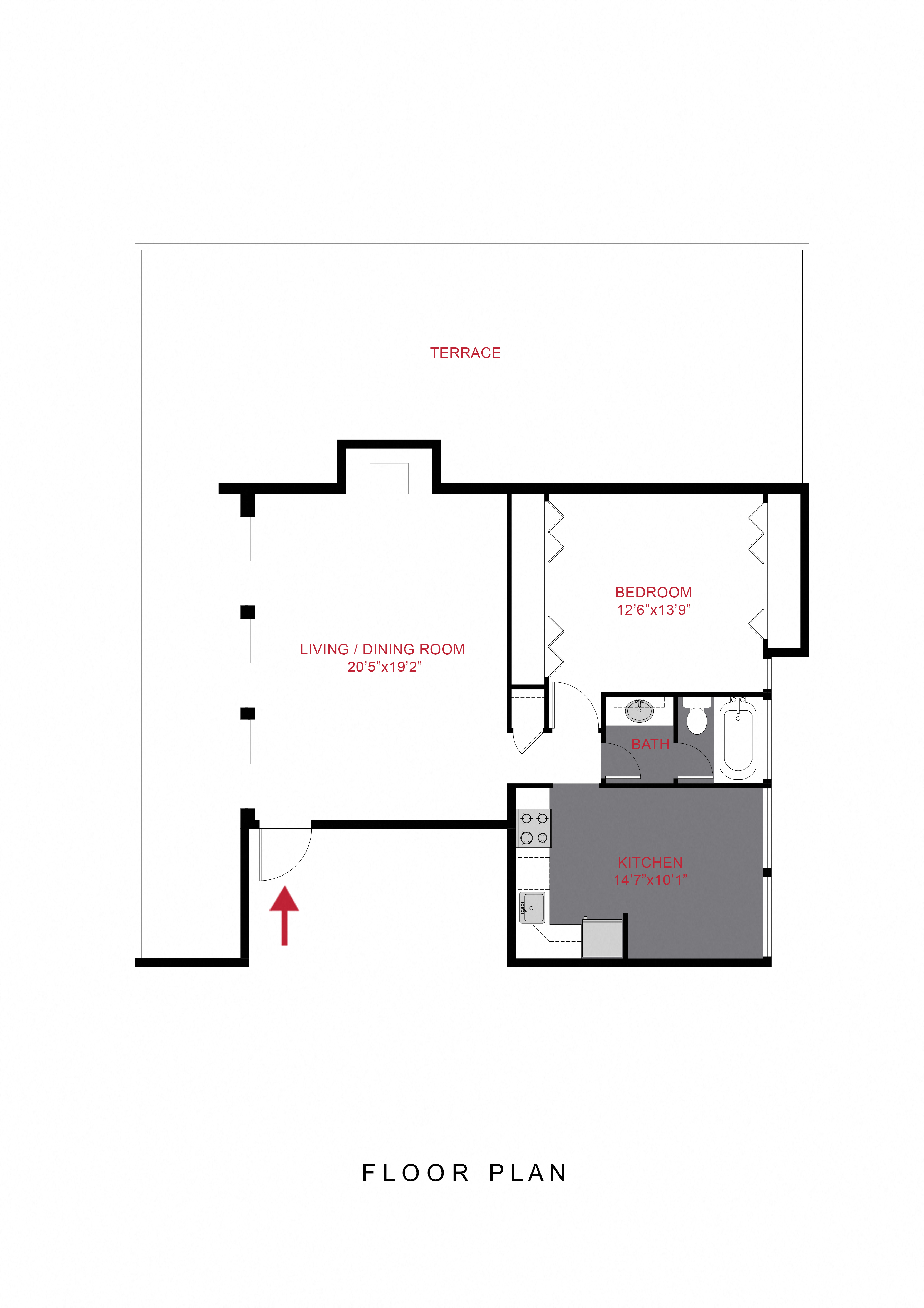 Floor plan for 1 bed, 1 bath, 600 sqft